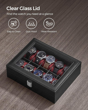 10-Slot Watch Box with Glass Lid & Removable Cushions - Karrari