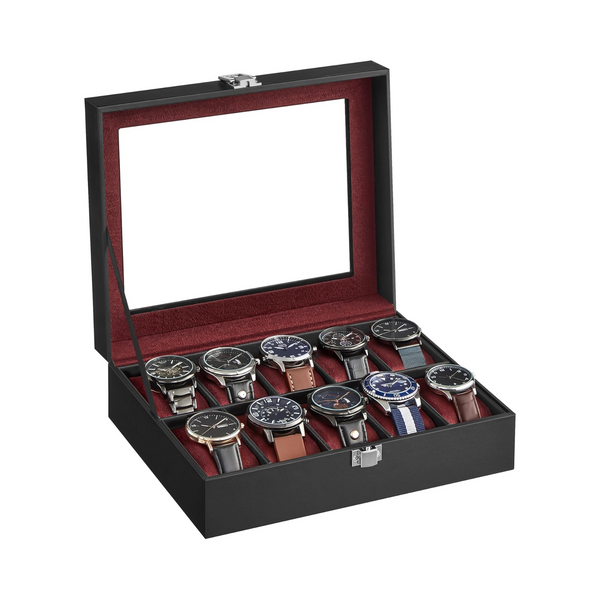 10-Slot Watch Box with Glass Lid & Removable Cushions - Karrari