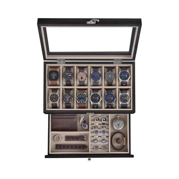 12-Slot 2-Tier Wooden Watch Box - Glass Lid - Karrari