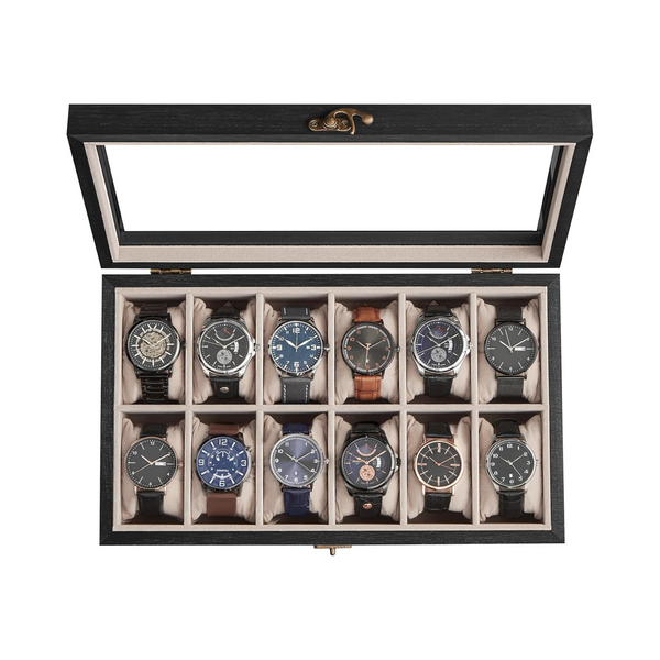12-Slot Watch Box with Glass Lid & Velvet Lining - Karrari