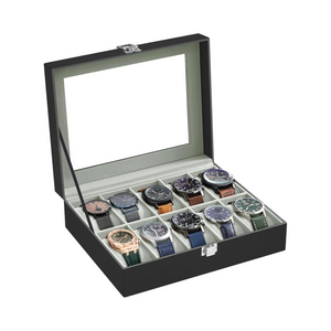 10-Slot Watch Box with Glass Lid & Removable Cushions - Karrari