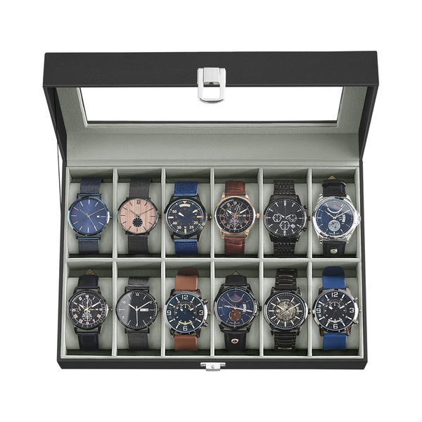 12-Slot Watch Box - Glass Lid & Removable Cushions - Karrari