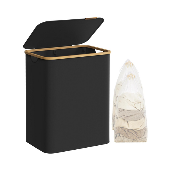 130L 2-Section Laundry Basket - Lid & Bamboo Handles - Karrari