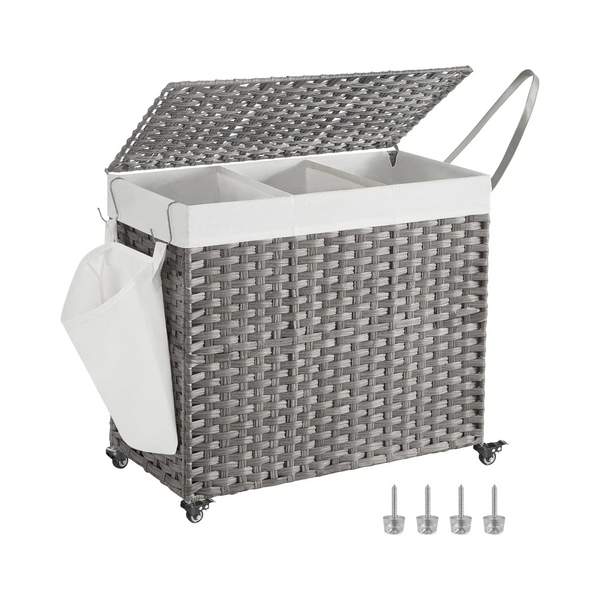 160L 3-Compartment Laundry Hamper - Lid & Wheels - Karrari