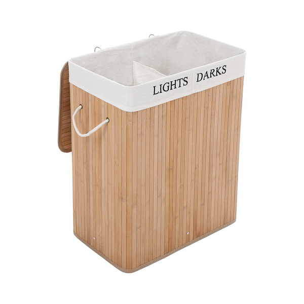 Laundry Bin 100L - Lid, 2 Compartments, Bamboo - Karrari