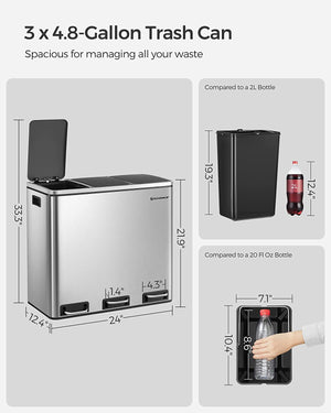 Triple Kitchen Trash Can 3×4.8 Gal (Stainless Steel) - Karrari