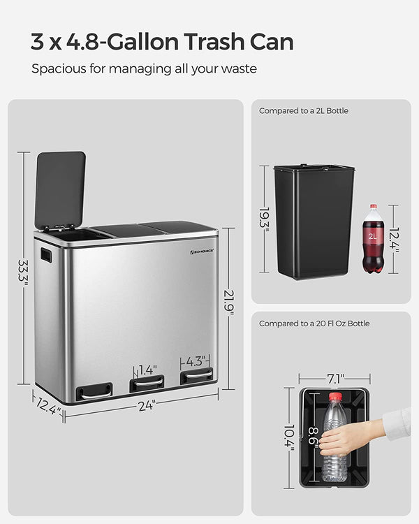 Triple Kitchen Trash Can 3×4.8 Gal (Stainless Steel) - Karrari