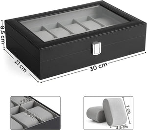 12-Slot Watch Box - Glass Lid & Removable Cushions - Karrari