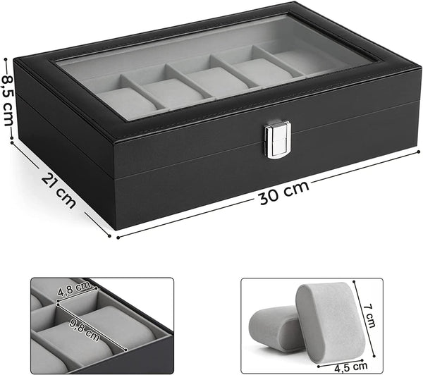 12-Slot Watch Box - Glass Lid & Removable Cushions - Karrari