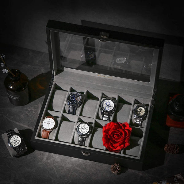 12-Slot Watch Box - Glass Lid & Removable Cushions - Karrari