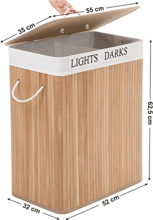 Laundry Bin 100L - Lid, 2 Compartments, Bamboo - Karrari