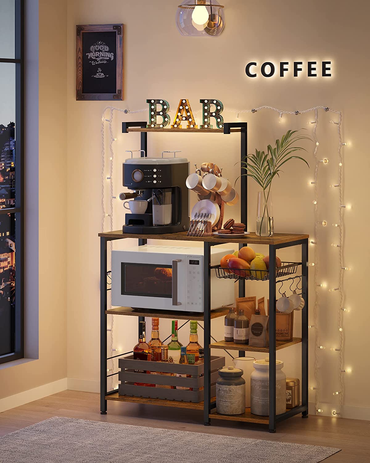 SONGMICS Bakers Rack Adjustable Microwave Stand Kitchen Storage Rack with 4 Shelves 6 Hooks for Pots Pans Spice Bottles in The Kitchen Apartment