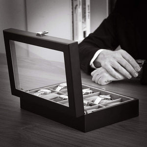 12-Slot Watch Box - Glass Lid & Removable Cushions - Karrari