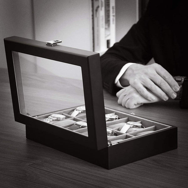 12-Slot Watch Box - Glass Lid & Removable Cushions - Karrari