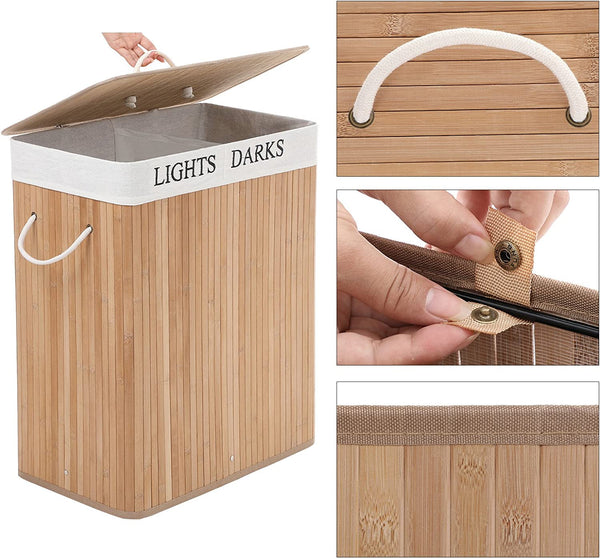 Laundry Bin 100L - Lid, 2 Compartments, Bamboo - Karrari