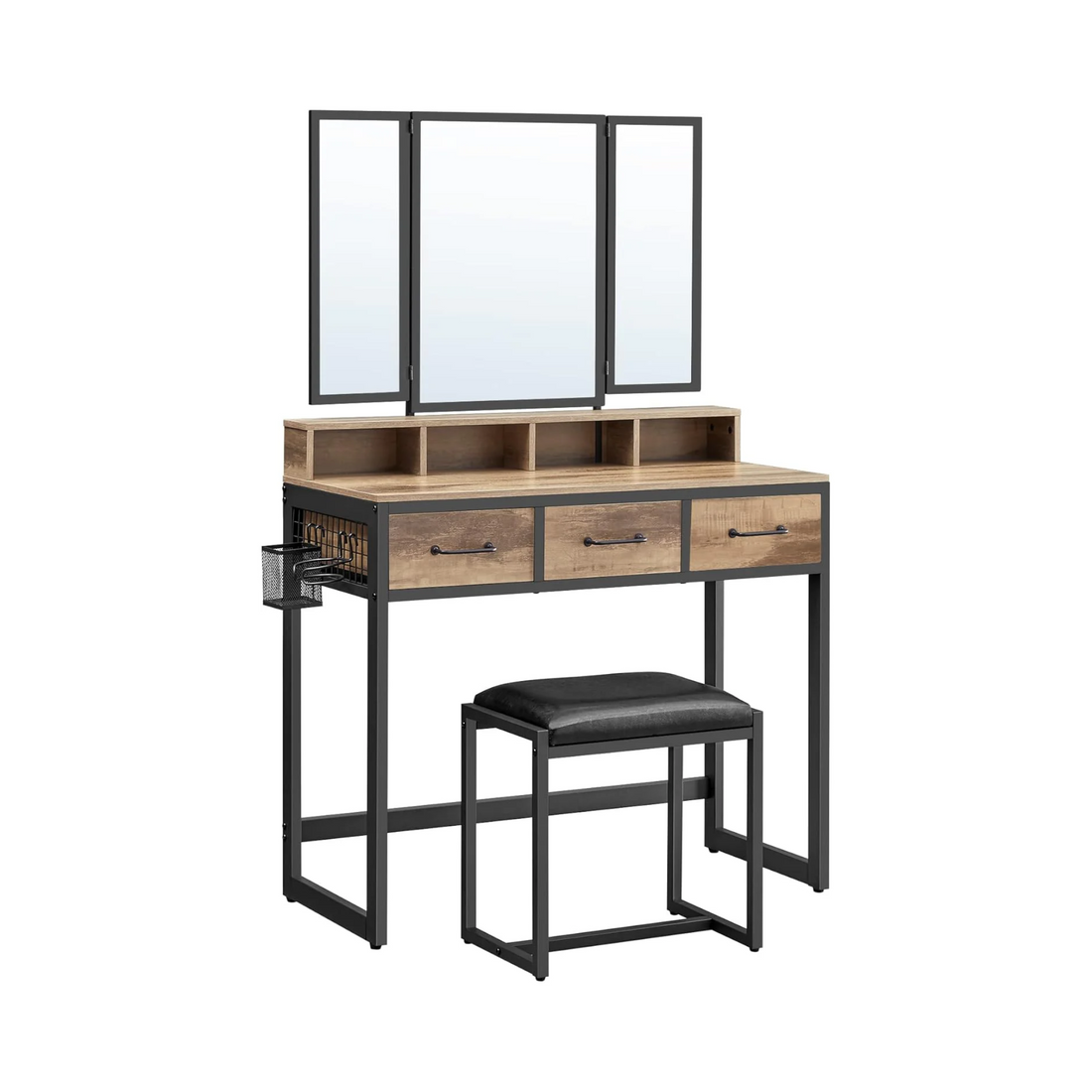 Dressing Table - Tri-Fold Mirror, 3 Drawers & Stool