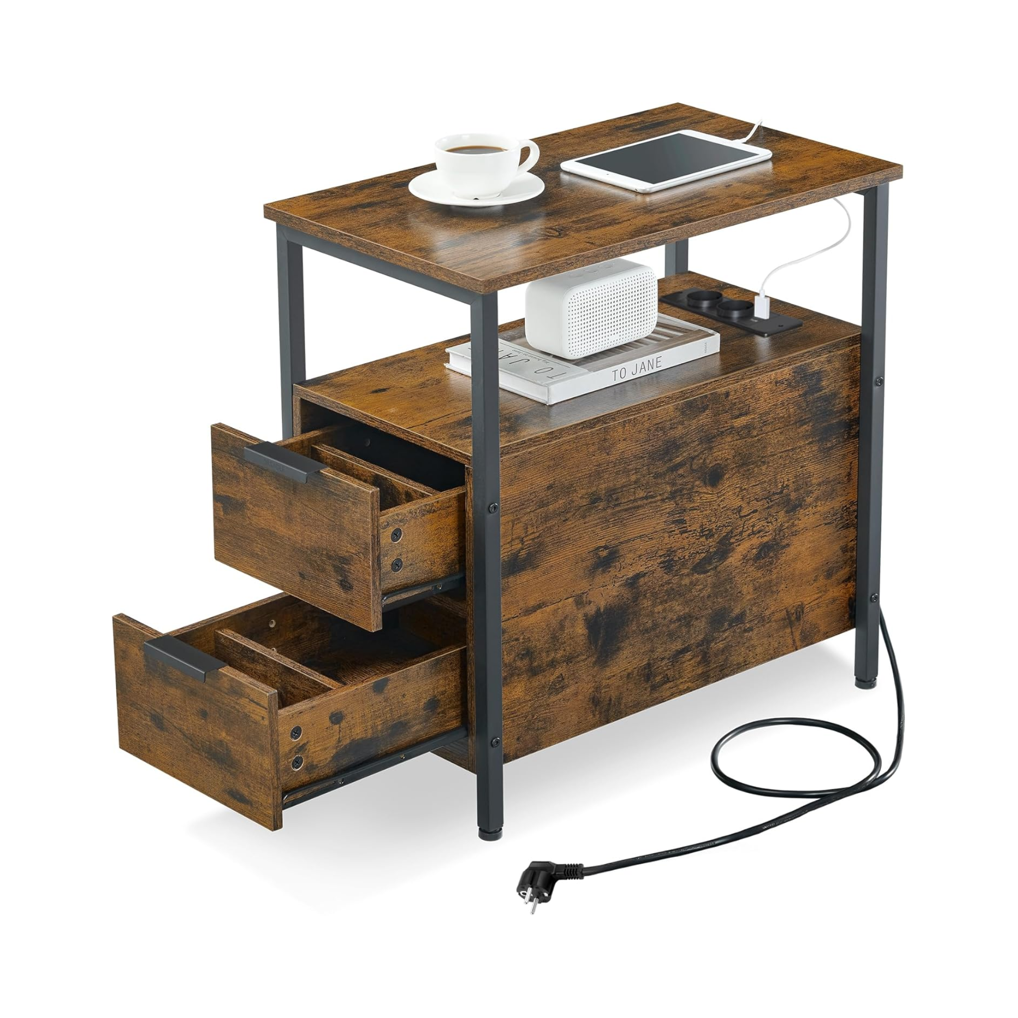 Side Table with Power Strip & Drawers