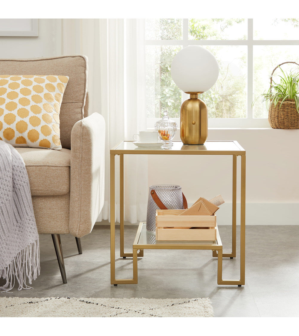 Gold Glass Side Table with 2-Tier Shelf