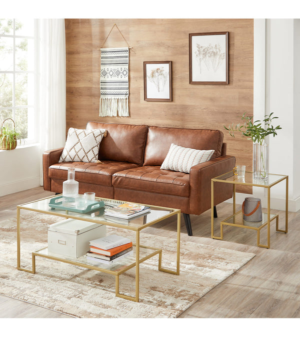 Gold Glass Side Table with 2-Tier Shelf