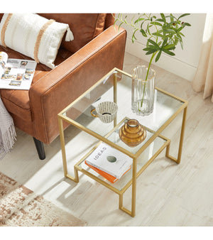 Gold Glass Side Table with 2-Tier Shelf