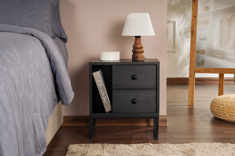 Bedside Table with Shelf & 2 Drawers - Karrari