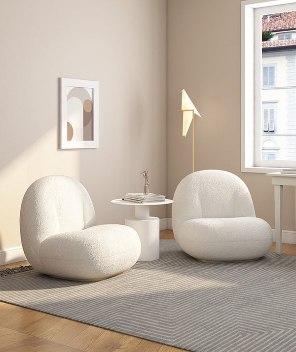 Luna Sculptural Bouclé Lounge Chair with Brushed Gold Swivel Base - Karrari