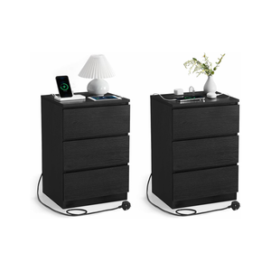 Bedside Tables with Power Strip Set of 2 - Ebony Black - Karrari