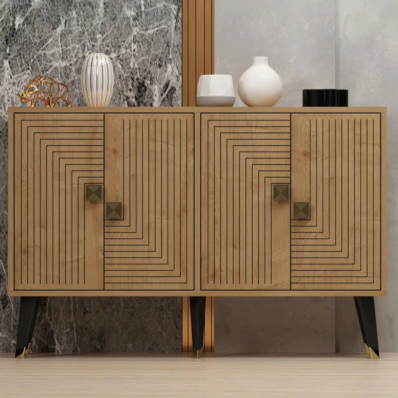 Geometric Oak & Gold Accent Console | Modern 4-Door Sideboard - Karrari