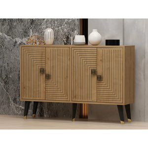 Geometric Oak & Gold Accent Console | Modern 4-Door Sideboard - Karrari