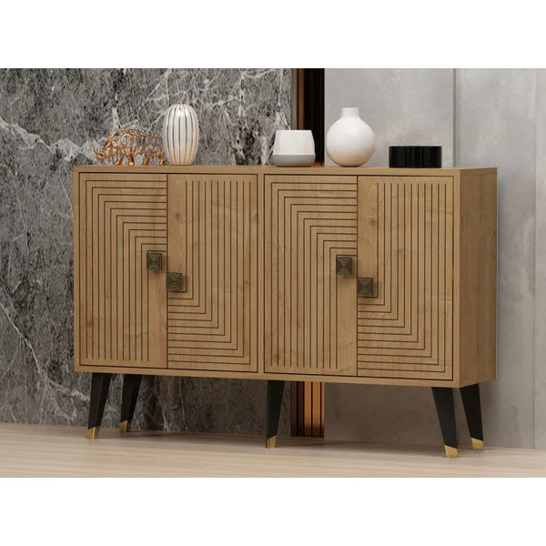 Geometric Oak & Gold Accent Console | Modern 4-Door Sideboard - Karrari