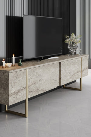 Obsidian Stone Media Console – Textured Melamine & Gold-Finish Steel - Karrari