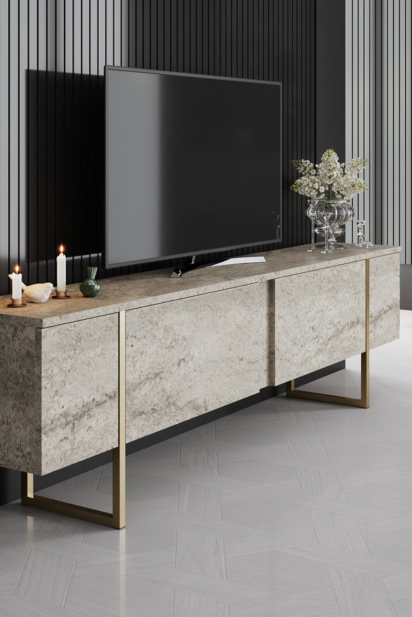 Obsidian Stone Media Console – Textured Melamine & Gold-Finish Steel - Karrari