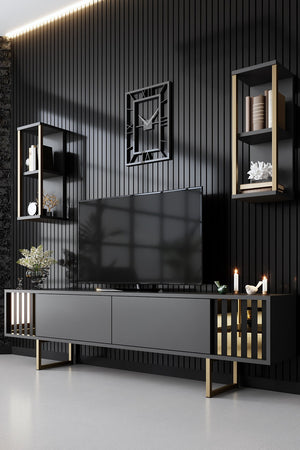 Modern TV Stand & Dual Floating Wall Shelf Set – Anthracite & Gold Finish - Karrari