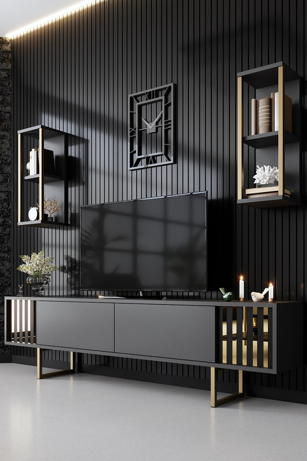 Modern TV Stand & Dual Floating Wall Shelf Set – Anthracite & Gold Finish - Karrari