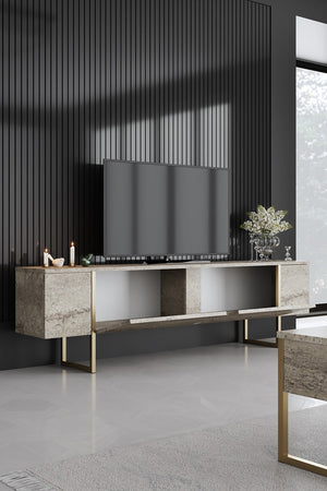 Obsidian Stone Media Console – Textured Melamine & Gold-Finish Steel - Karrari