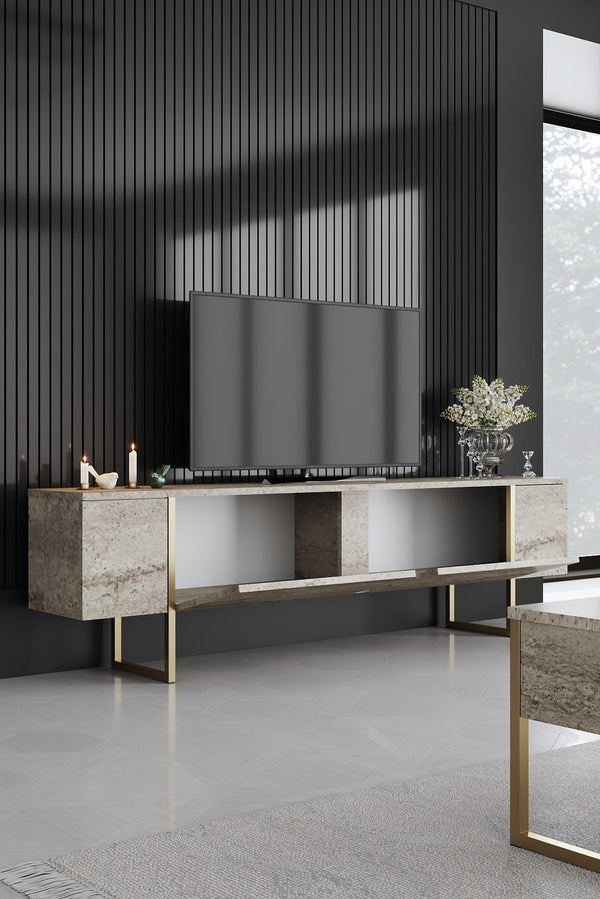Obsidian Stone Media Console – Textured Melamine & Gold-Finish Steel - Karrari