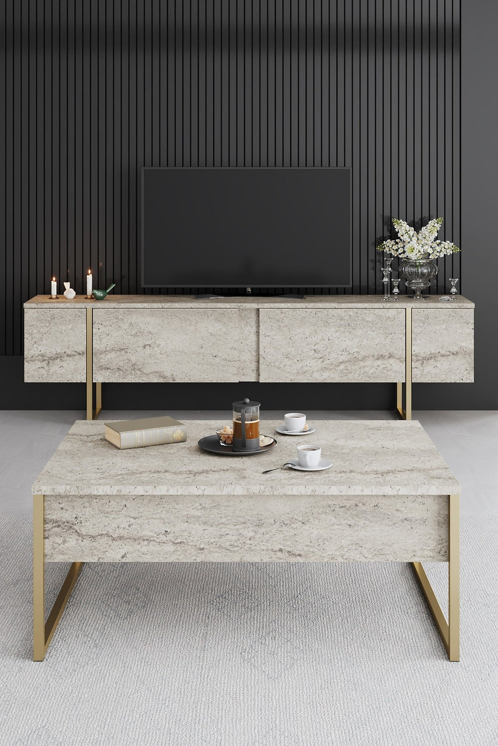 Obsidian Stone Media Console – Textured Melamine & Gold-Finish Steel - Karrari