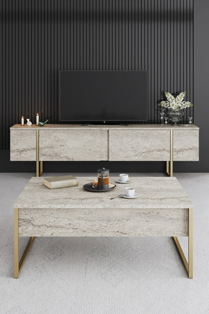 Obsidian Stone Media Console – Textured Melamine & Gold-Finish Steel - Karrari