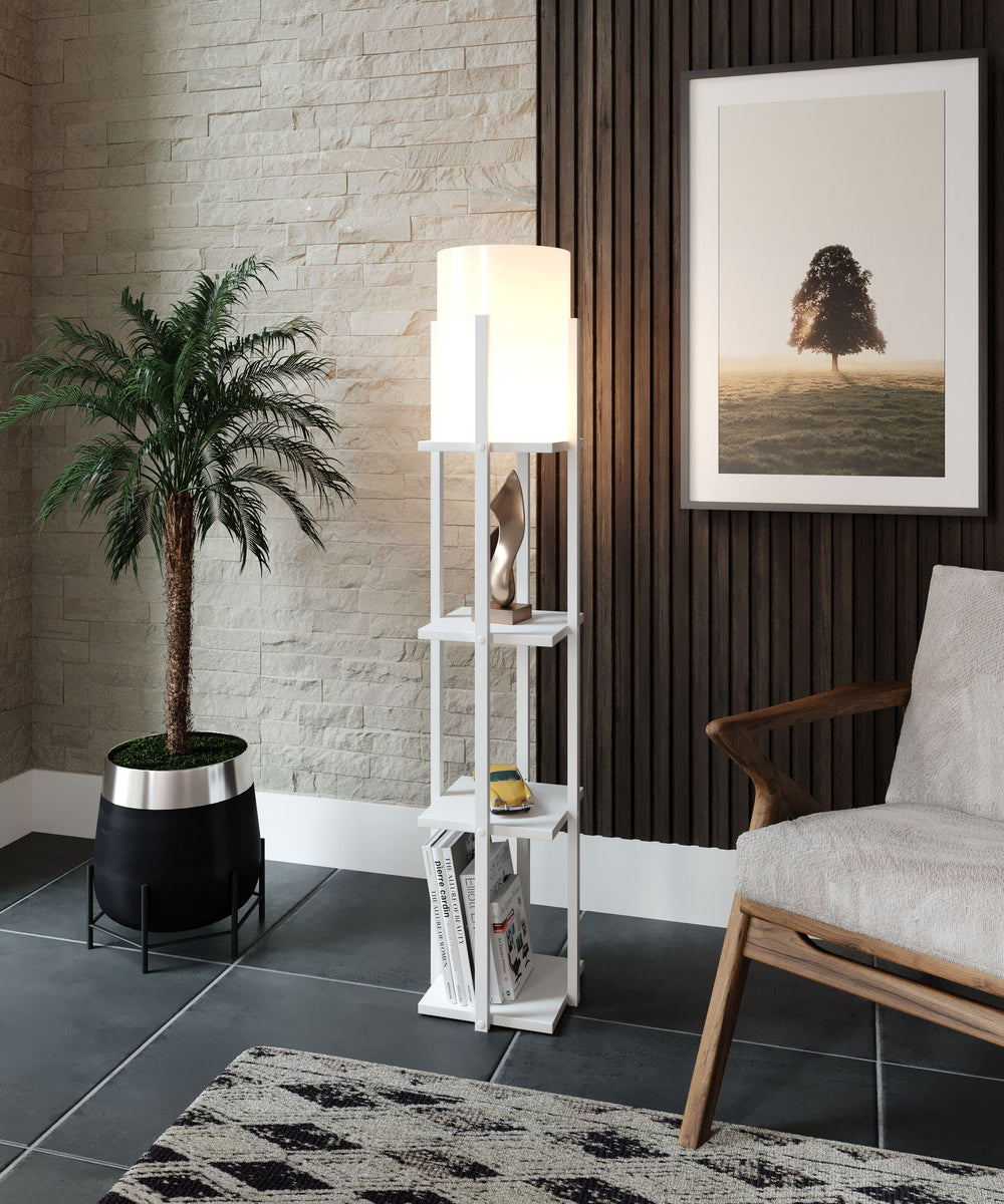 White Floor Lamp, Shelves & Fabric Shade (135cm) - Karrari
