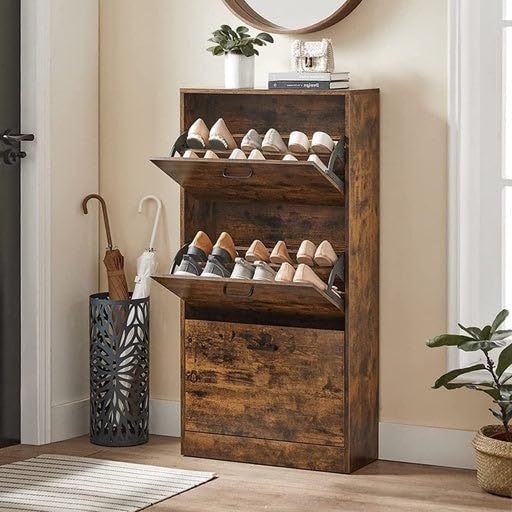 Shoe Cabinet with 3 Flap Doors, Shoe Rack with 3 Wooden Compartments