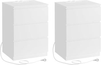 Nightstand with Charging Station, Set of 2, Side Tables with 3 Drawers, 2 AC Outlets, 2 USB Ports, for Living Room, Bedroom
