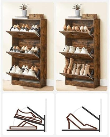 Shoe Cabinet with 3 Flap Doors, Shoe Rack with 3 Wooden Compartments