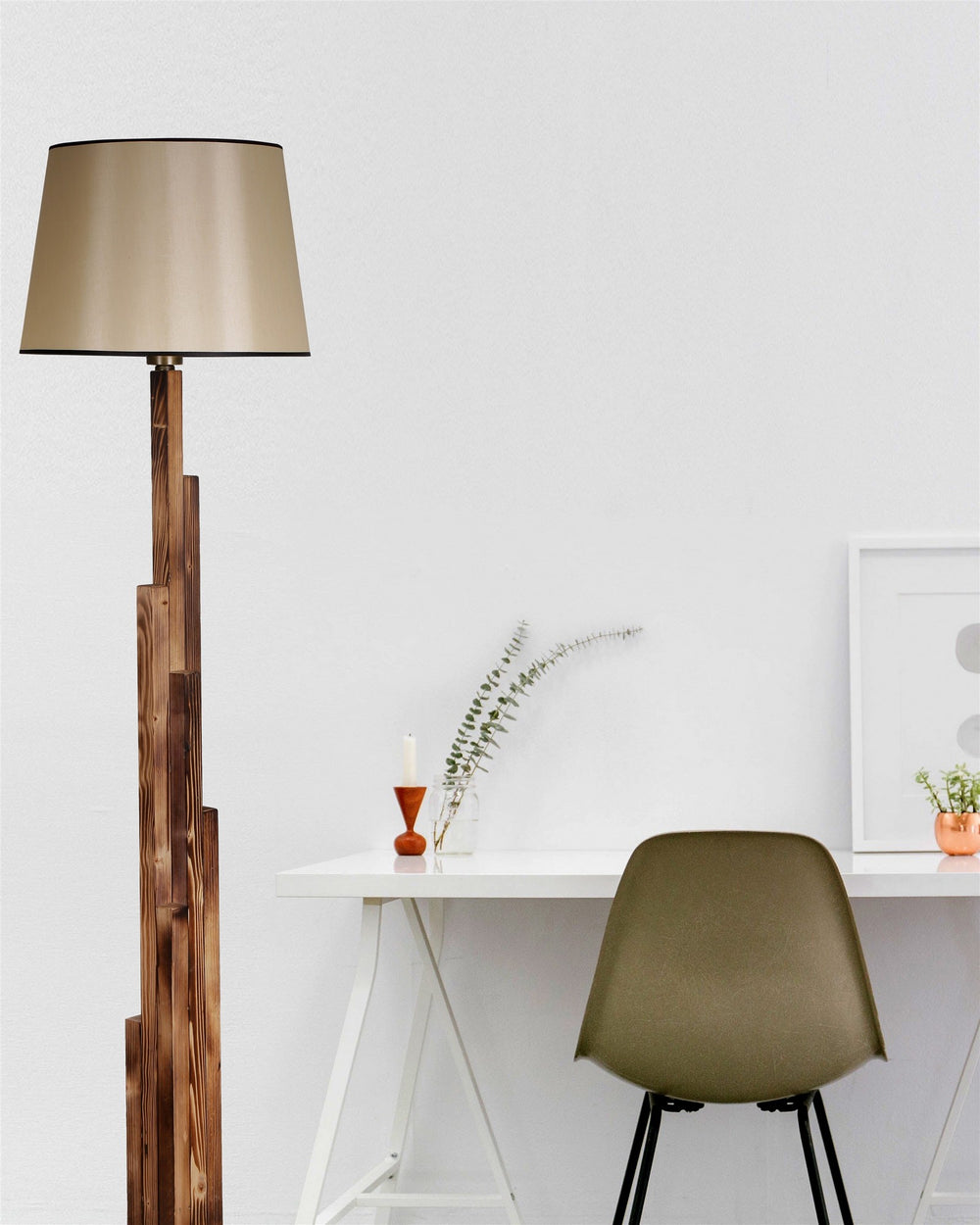 Rustic Wooden Floor Lamp - Fabric Shade (165cm) - Karrari
