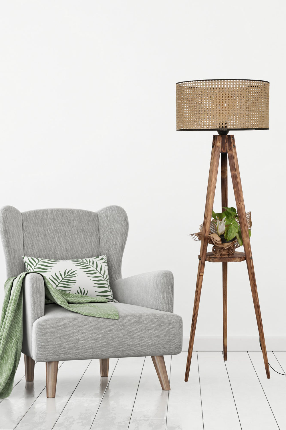 Wood Tripod Floor Lamp - Rattan Shade (153cm) - Karrari