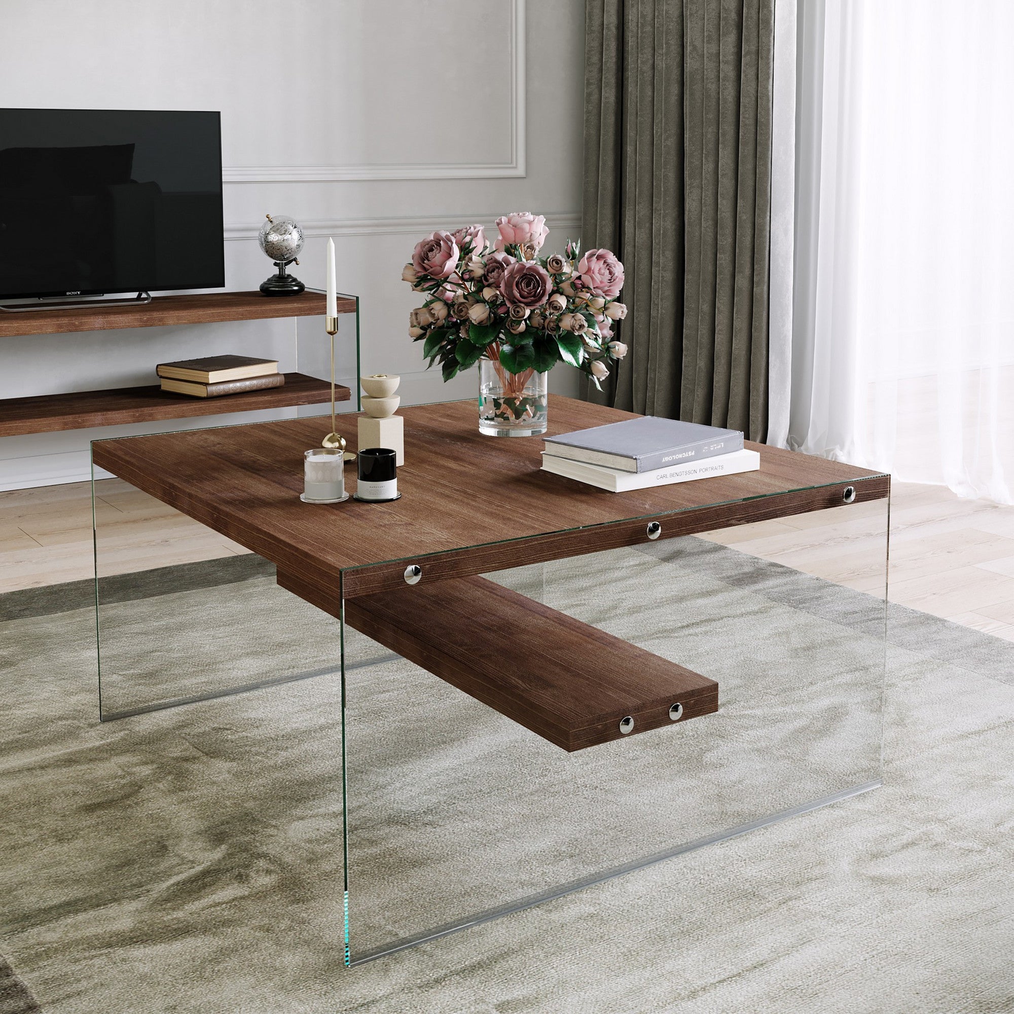 Coffee table, Glass, 100% Pine Solid Wood, Colour Walnut