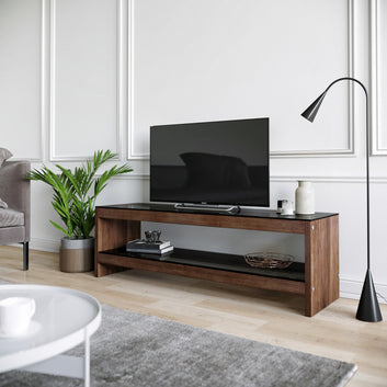Modern TV Stand, 100% Pine Solid Wood, Glass, Walnut