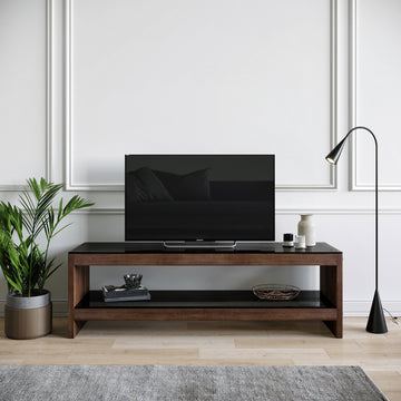 Modern TV Stand, 100% Pine Solid Wood, Glass, Walnut