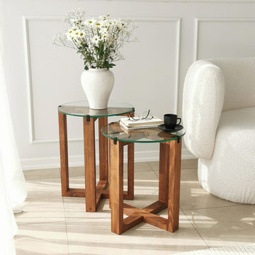 Nesting Tables, Wood and Glass, Walnut