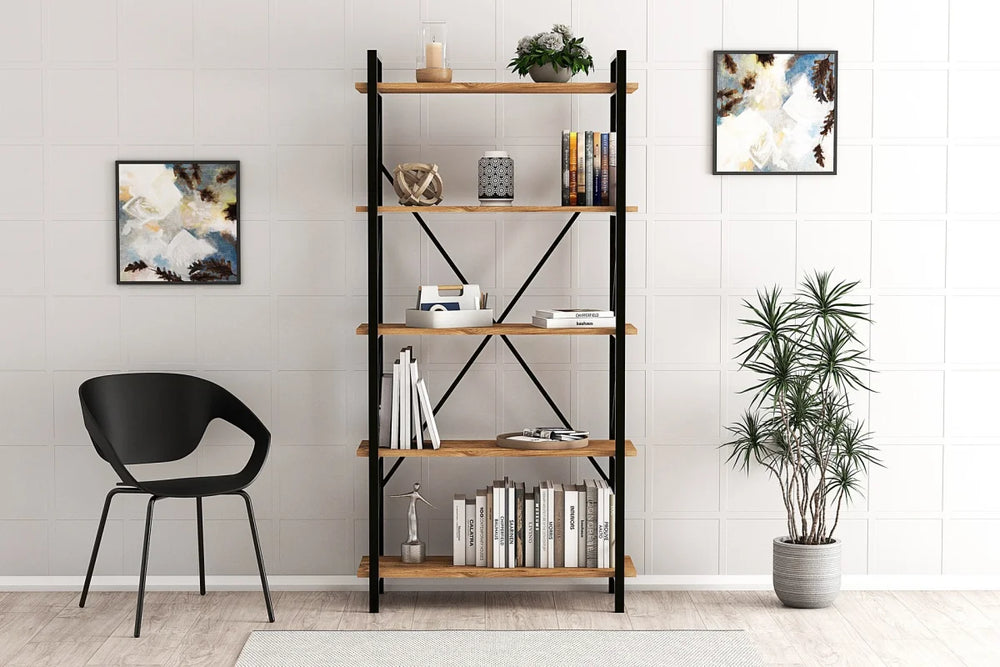 Industrial 5-Tier Tall Bookshelf | Wide Architectural Display - Karrari