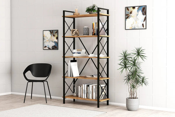 Industrial 5-Tier Tall Bookshelf | Wide Architectural Display - Karrari